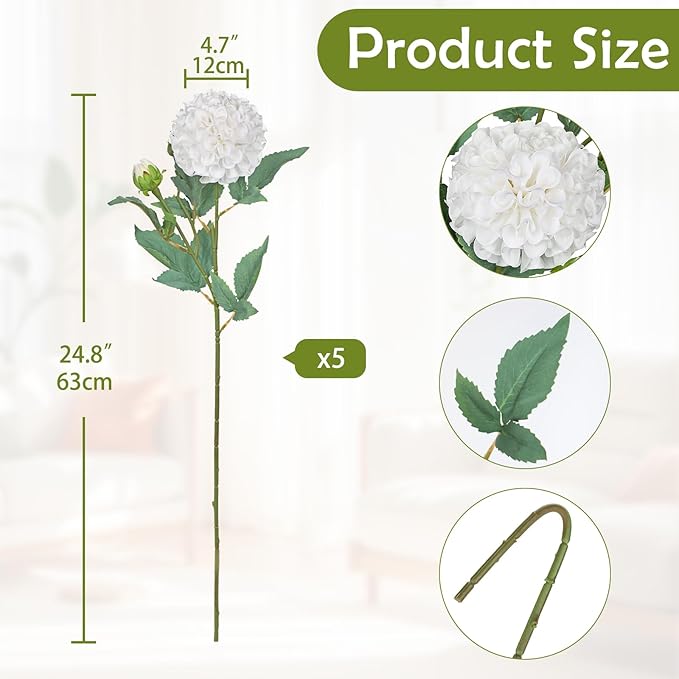 Hollyone 5PCS Dahlia Artificial Flowers 24.8" Cream White Fake Ball Dahlias Silk Flowers Faux Roses Flower with Long Stems for DIY Wedding Bouquets Centerpieces Arrangements Bridal Shower Home Decor