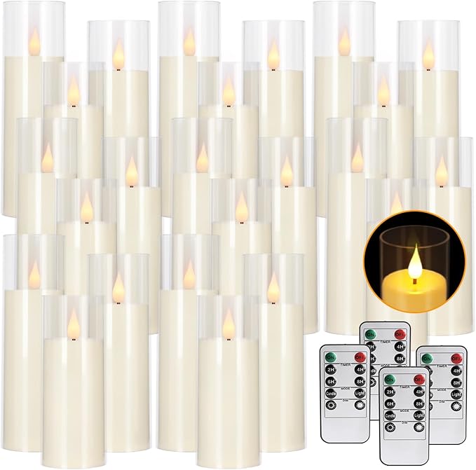 24 Pack LED Flameless Candles Set(14/16/18cm), Battery - Operated with 4 Remotes,Clear, Timer & Flickering/Steady Modes for Home décor, Wedding, Patio,Outdoor.