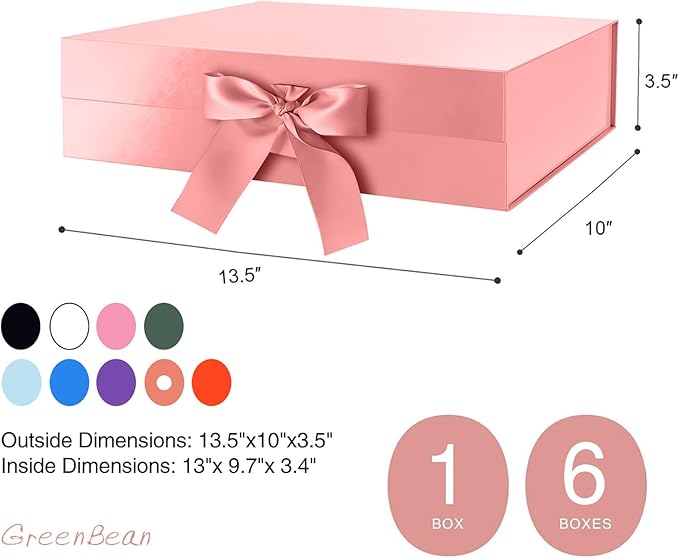 GREEN BEAN Large Gift Box with Lid for Presents 13x9.7x3.4 Inches, Gift Box Rose Gold Magnetic with Ribbon, Bridesmaid Proposal Box Luxury (Glossy Rose Gold)