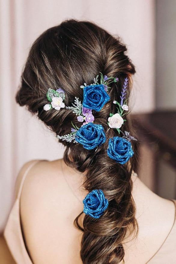 IPOPU Fake Roses,25PCS Blue Roses Glitter Roses Artificial Roses with Stems for Cake Wedding Bouquet Home Party Decoration(Blue)