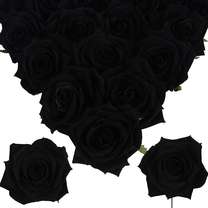 Artificial Roses 16pcs Velvet Black Roses Artificial Flowers 3.94" Fake Black Roses for Wedding Flowers Black Rose Decor for Centerpieces Home Party Decor (Black)