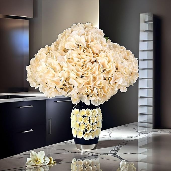 2Bouquets Artificial Fake Flowers Plants Silk Hydrangea Arrangements Wedding Bouquets Decorations Plastic Floral Home Kitchen Garden Party Festival Bar DIY (Cream,5 Flower Heads)