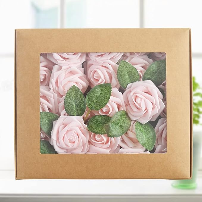 homEdge Artificial Rose, 25pcs Foam Artificial Flowers with Stem for Home Decorations, Wedding Bouquets, Party, Certerpieces, Anniversaries-Champagne Pink