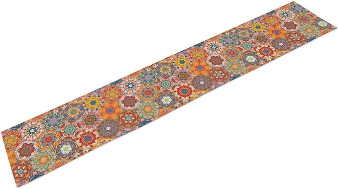 Boho Table Runner, Orange Geometric Mandala Flower Fall Farmhouse Decor Table Runner for Kitchen Dining Party Home Decoration, 13x90 Inch