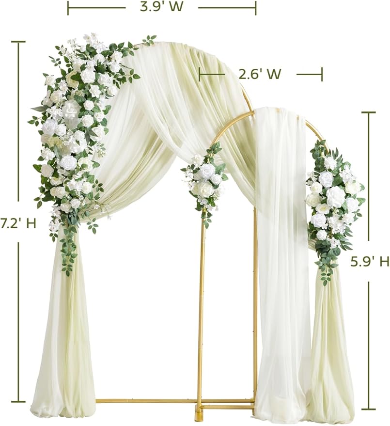 Ling's Moment Wedding Arch Backdrop Stand with Flowers - 7.2FT, 6FT Double Metal Arch Frame with Drapes for Ceremony Decoration - Bridal Shower, Artificial Floral Birthday, Set of 2, White Ivory Green