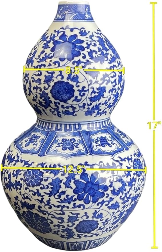 17" Classic Blue and White Porcelain Gourd-Shaped Vase, China Ming Style, Happiness, Good Fortune, Fengshui, Jingdezhen, Free Wood Base