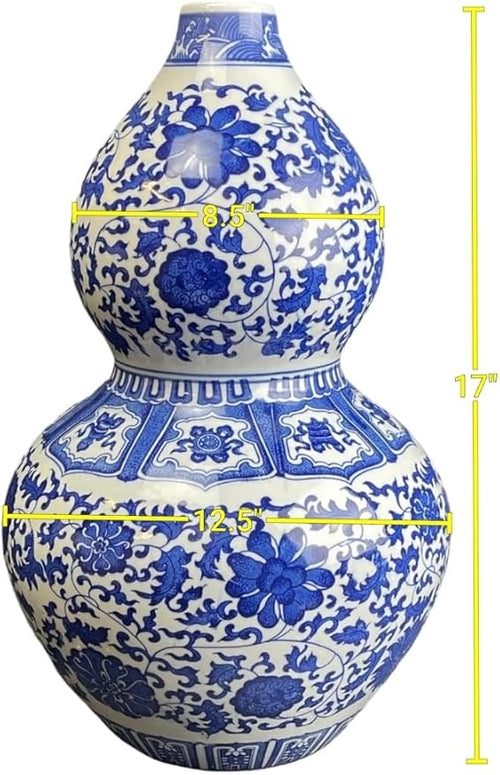 17" Classic Blue and White Porcelain Gourd-Shaped Vase, China Ming Style, Happiness, Good Fortune, Fengshui, Jingdezhen, Free Wood Base