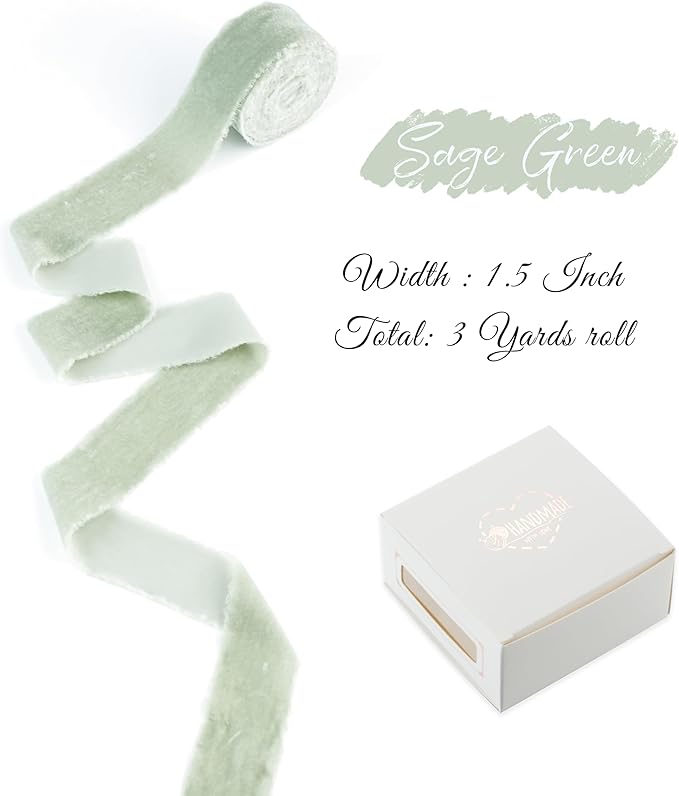 Sage Green Velvet Ribbon 1.5 inch Green Frayed Velvet Ribbon Dusty Green Raw Edge Ribbon for Wreaths, Christmas Thanksgiving Decor, Flower Bouquet, Gift Wrapping, Bows Making -3 Yards