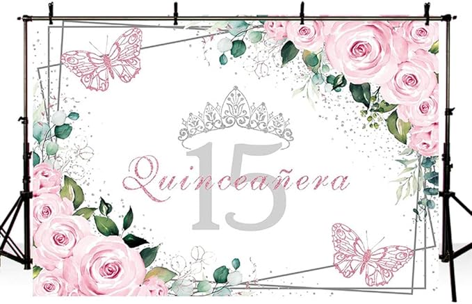 Sendy 7x5ft Quinceañera Backdrop Mis Quince 15 Anos Birthday Party Decorations Supplies for Girl Princess Pink Floral Butterfly Silver Crown Photography Background Banner Photo Booth Studio Props
