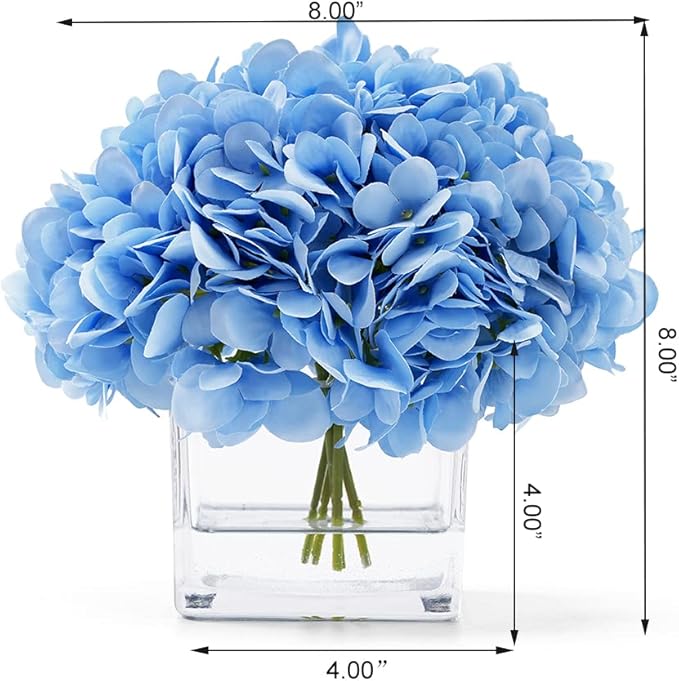 Blue Hydrangea Flowers in Vase, Silk Flowers in Vase with Faux Water for Home Decor Indoor, Wedding Table (Blue)