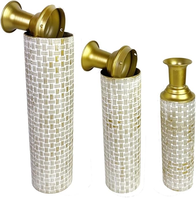 Leewadee Set of 3 Large Floor Vases – Decorative Tall Metal Vases in Gold White (30/24/20 inches) – Elegant Home Decor for Stylish Interiors