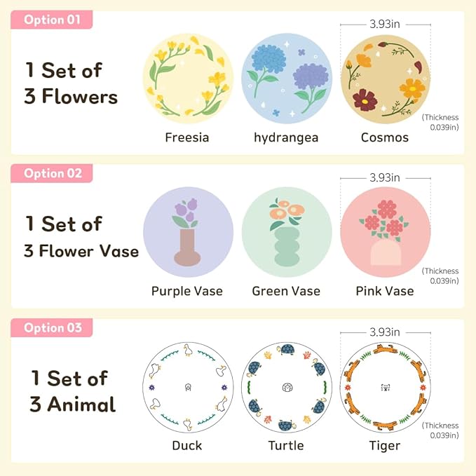 FLT Silicone Colorful Coaster Set of 3, Non-Slip Drink Mat, Cute and Unique Printed Design (Made in Korea) (Pastel - Flower)