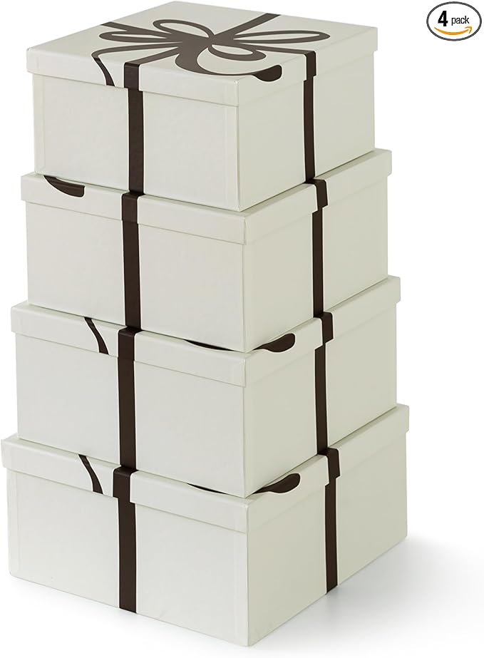 Soul & Lane Valentine's Day Gift Boxes with Lids for Presents, Set of 4 Elegant Large Square Decorative Reusable Nesting Gift Boxes for Gifts and Décor