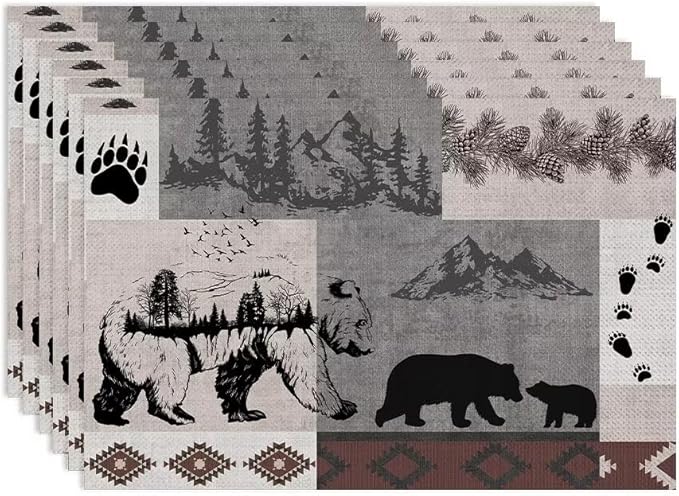 Retro Rustic Lodge Bears Placemats Set of 6, Vintage Cabin Pine Tree Farmhouse Country Style Place Mats, Heat Resistant Non Slip Cotton Linen Dining Table Mats for Home Kitchen 18x12 Inch