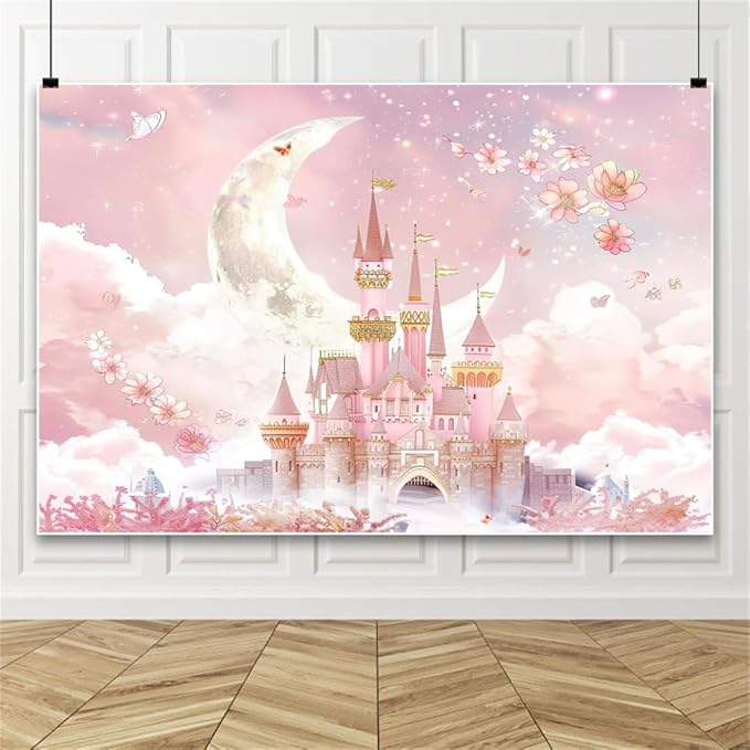 AOFOTO Castle Backdrop Princess Spring Pink Floral Moon Printed Fairy Tale Photography Background for Girl Birthday Baby Shower Party Banner Home Decor Wall Photo Studio Booth Props 6x4ft