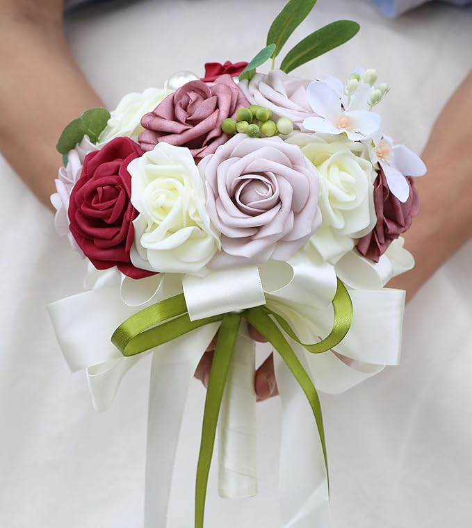 Lightweight Bridal Wedding Bouquet Round Holding Bouquet Throw Toss Artificial Rose Flower Bunch for Bride Bridesmaid Wedding Quinceanera (Cream, Smoky Rose, Light Taro & Burgundy, 9.1")