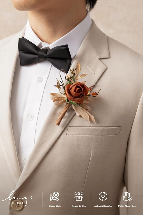 Ling's moment Boutonniere for Men, 6pcs Groom Groomsmen Boutonniere, Artificial Flowers for Wedding Decor/Prom/Homecoming, etc.Terracotta Orange