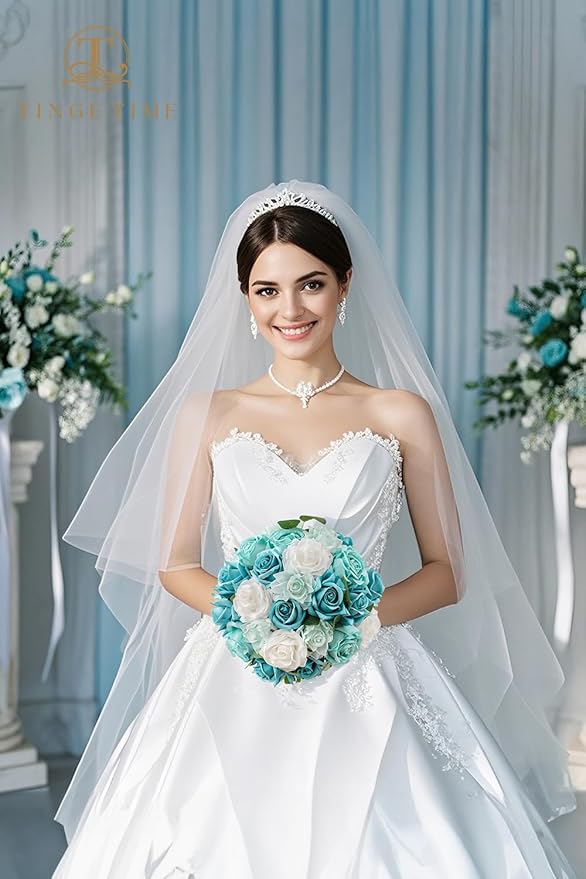 TINGE TIME Artificial Flowers, 25pcs Real Looking Teal Green Rose Fake Roses w/Stem for DIY Wedding Bouquets Centerpieces Arrangements Party Baby Shower Home Decorations