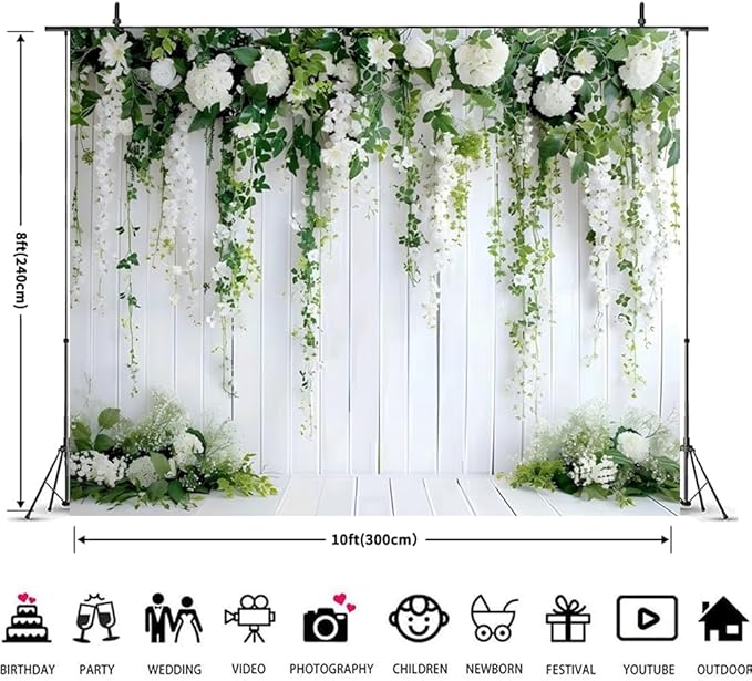 Flower Wall Backdrop 10x8ft Wedding Backdrop White Flower Backdrop Bridal Shower Backdrop Green Leaves Decoration Wood Wall Background Birthday Party Decorations Photo Studio Props