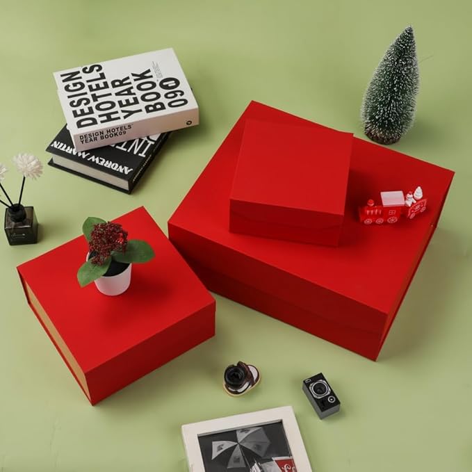 1 Pcs 8x8x4 Inch Red Gift Box Small Gift Box with Shredded Paper Magnetic Box with Crinkle Paper Red Luxury Gift Boxes with Lids for Presents