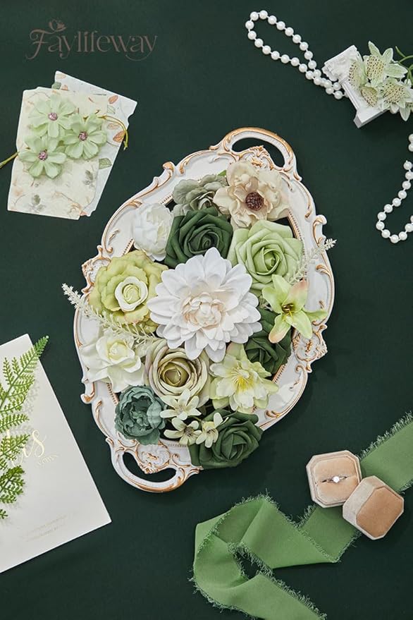 Artificial Flowers, 2PCS Silk Green Flowers for Centerpieces Decoration, Fake Cake Flowers for DIY Wedding Bridal Bouquets Home Party Floral Arrangement Decor