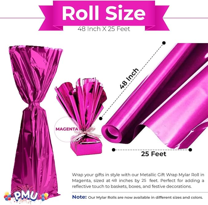 PMU Gift Wrap Mylar Roll Metallic Magenta 2-sided, 48 Inches X 25 Ft Roll 1.4 Mil Highly Reflective Mylar Film, Great for Gifts, Birthdays, Christmas, Baskets, Arts & Crafts