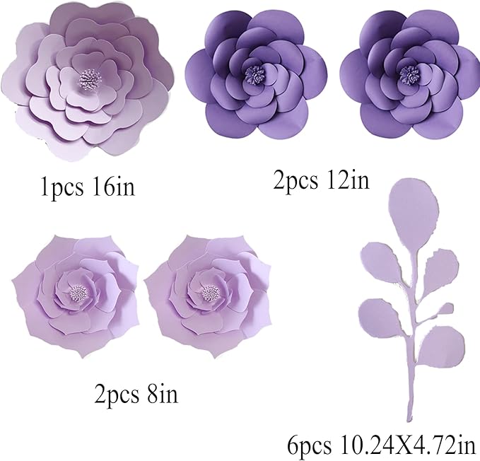 3D Party Paper Flower Decoration Artificial Paper Flower Decorations with Leaves Wall Flower Decor (Lt-Purple Purple Set) Wedding Bridal Shower Nursery Baby Shower Flower Backdrop Decor