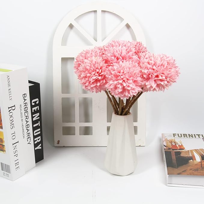 Tinsow 12 Pcs Faux Ball Chrysanthemum Bouquet Pink Artificial Ball Flowers Fake Sring Flowers for Home Garden Party Wedding Decoration (12, Pink)