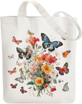 ANATTASOUL Canvas Tote Bag Butterfly Bouquet Reusable Cotton Bag for Women, Durable Cloth Shoulder Bags with Zipper Pockets for Shopping, Vacation, Work, Gym