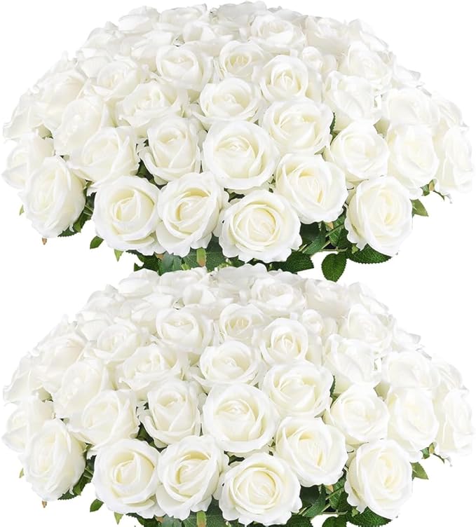 Artificial Roses 50PCS Large Velvet Rose 4.14" Real Touch Fake Flowers in Bulk for Flower Arrangement Wedding Centerpieces Home Party Decor (White)
