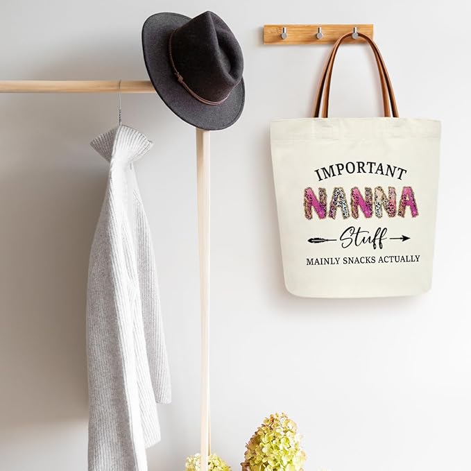 Canvas Tote Bag for Women, Important Stuff Bag with Leather Handle, Reusable Grocery Bags for Shopping Beach Travel