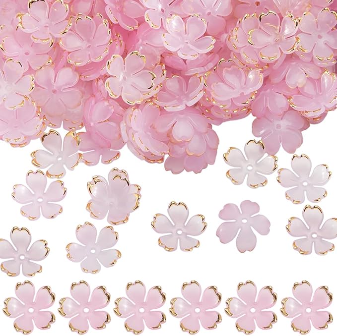 SUNNYCLUE 1 Box 200pcs Flower Bead Caps Floral Spacer Beads Pink Acrylic Cherry Blossom Sakuras Spring 5-Petal Gradient Flowers Bead Bulk for Jewelry Making Bracelets Necklaces Craft Supplies