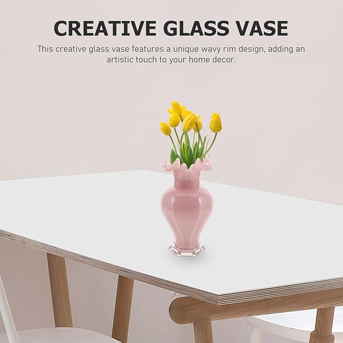 Handblown Glass Flower Vase Pink Pearl Wave Mouth Decorative Floral Arrangement Holder for Home Table Office Wedding Centerpiece Modern Artistic Accent