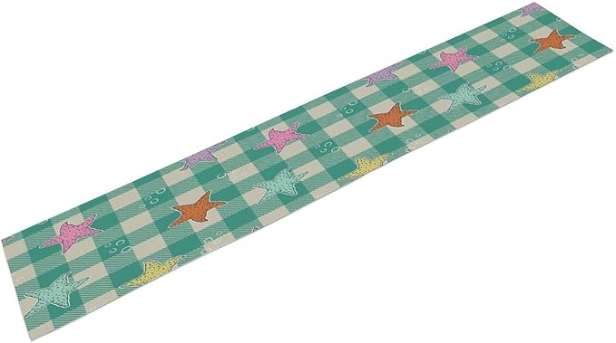 Starfish Plaid Table Flag Green Plaid and Marine Life Starfish Kitchen Table Flag Suitable for Birthday Party Restaurant Decoration Outdoor Picnic 13x36 Inch