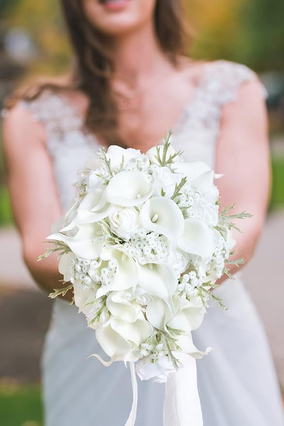 Bride Bouquets for Wedding,11 Inch White Calla Lily Cascading Bridal Bouquet Silk Flowers for Ceremony Anniversary Wedding Bridal Shower(Natural Whites)