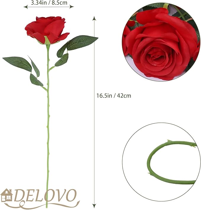 52pcs Red Roses Artificial Flowers Red Fake Flowers Silk Roses with Stems for DIY Wedding Bouquets Bridal Shower Centerpieces Arrangements Party Decorations