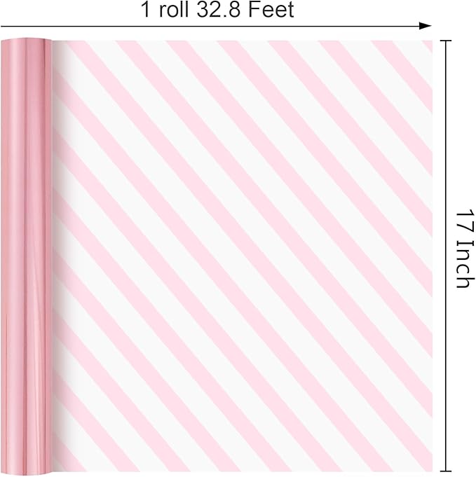 Merture Pink Wrapping Paper Roll Reversible - 17 In X 32.8 Ft(46.5 sq.ft.) Metallic Pink and Stripe Design Gift Wrap for Mothers Day, Wedding, Birthday, Christmas, Baby Shower, Valentines Day
