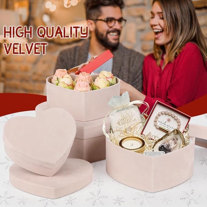 GnFlus Heart Shaped Gift Boxes with Lids for Presents Set of 4 Light Pink Velvet Nesting Gifts Box for Arrangements Flowers Wedding Birthday Valentines Bridesmaid Christmas Party Anniversary