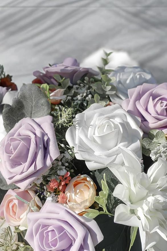 Purple Artificial Roses 25pcs, Real Looking Fake Foam Flowers with Stems for DIY Wedding Bouquets, Centerpieces, Bridal Shower, Party, Valentine's Day Decoration