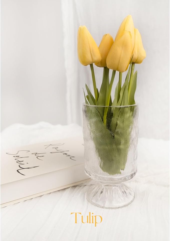 18in Artificial Tulip Flowers, 5 Pcs Realistic Soft Latex Faux Tulips with Bendable Stems for Home Office Kitchen Decor, Wedding, Party, Vase Arrangement- Yellow