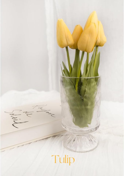 18in Artificial Tulip Flowers, 5 Pcs Realistic Soft Latex Faux Tulips with Bendable Stems for Home Office Kitchen Decor, Wedding, Party, Vase Arrangement- Yellow