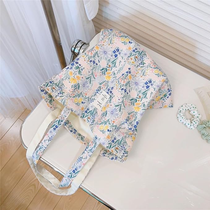 Cotton Canvas Tote Bag Reusable Soft Grocery Cloth Bag Floral Shoulder Bag for Beach Travel Shopping