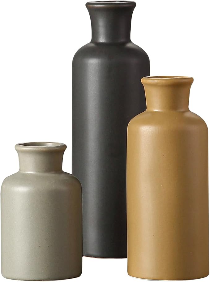 CWLWGO-Ceramic Vase Set of 3,Small Vases for Home Decor,Farmhouses Decorative vase,Suitable for Shelf Decor,Living Room Table Bookcase Fireplace Decorations.Multicolored.