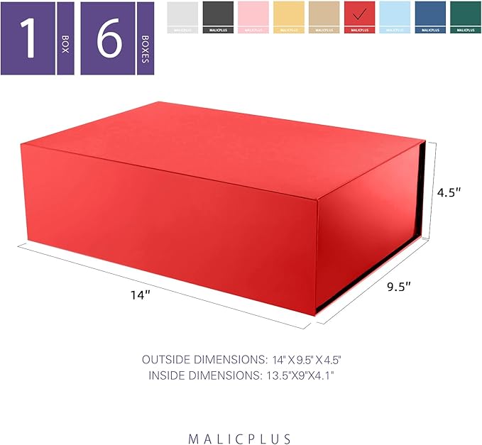 6 Christmas Large Gift Boxes with Lids 13.5x9x4.1 Inches, Red Bridesmaid Proposal Gift Box with Magnetic Closure for All Occasion (Glossy Red)