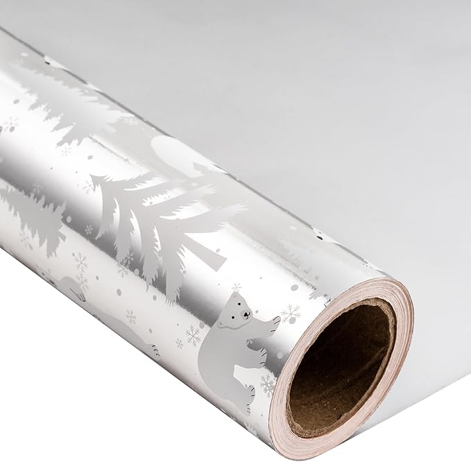 MAYPLUSS Foil Gift Wrapping paper Roll - 17 Inch X 33 Feet - Elegant Silver Christmas Seasonal Festive Gift Wrap Bear w/Glossy Foil-Like Shine Pattern for Christmas, Holiday, Birthday and Art Crafts