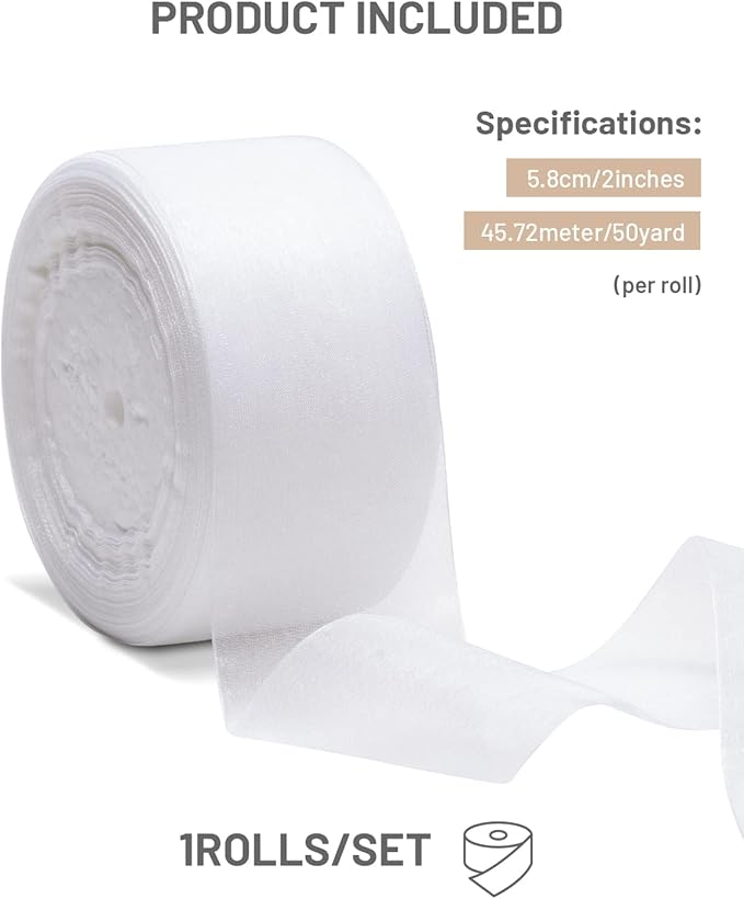 White Organza Ribbon for Gift Wrapping, FAKILO 2 Inch Shimmer Sheer Wrapping Ribbon for Bouquet, Wedding, Christmas Gift - 50 Yards Each Roll