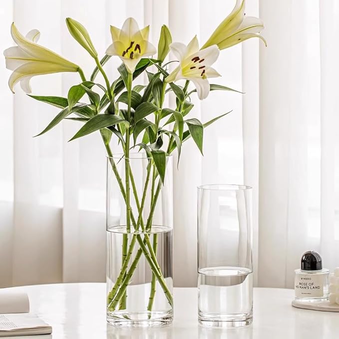 Olrla 2 Pack Transparent Acrylic Flower Vase, Height 7.87'' and 9.8'' Shatter Proof Plastic Cylinder Vase for Flower Arrangement, Wedding Centerpieces, DIY