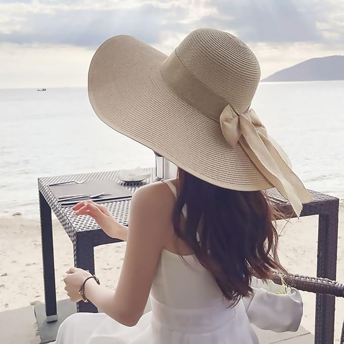 YQHMT Women Beach Sun Hats, Big Wide Brim Straw Hat for Women UPF 80+ UV Protection, Summer Hats Packable Foldable