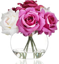 WELL KNOWN Artificial Flowers with Vase, Artificial Rose Flower Arrangements, Silk White & Pink Roses Bouquet in Glass Vase with Fake Water for Home Office Hotel Wedding Party Dinning Table Decor Gift