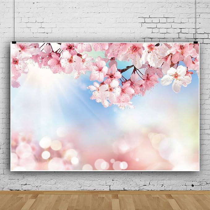 Renaiss 9x6ft Cherry Blossom Floral Backdrop Pink Flower Sunshine Bokeh Romantic Nature Scenery Photography Background for Wedding Bridal Shower Birthday Party Decor Photo Booth Props